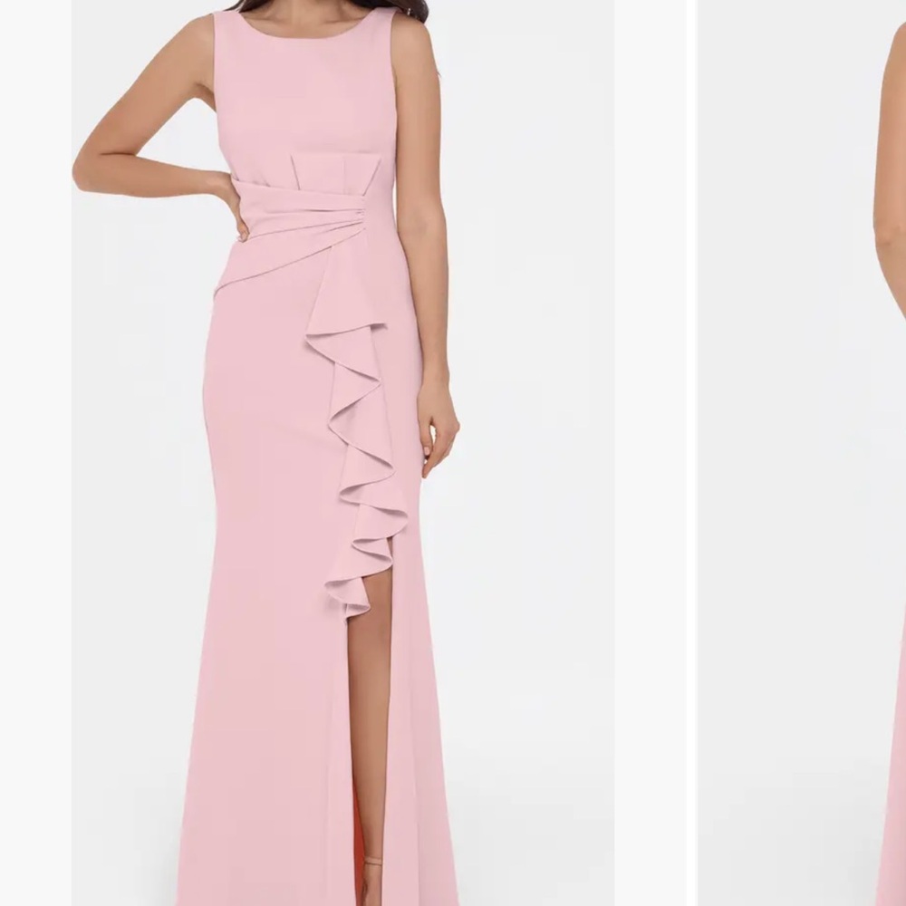 Betsy & Adam Blush Pink Ruffle Gown